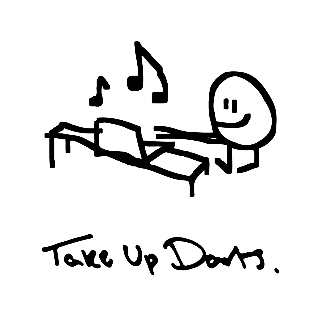 The band logo for Take Up Darts. A circle with arms legs and a face plays a keyboard. This was drawn in JS.Paint. The words Take Up Darts are written underneath in handwritten Sharpie.